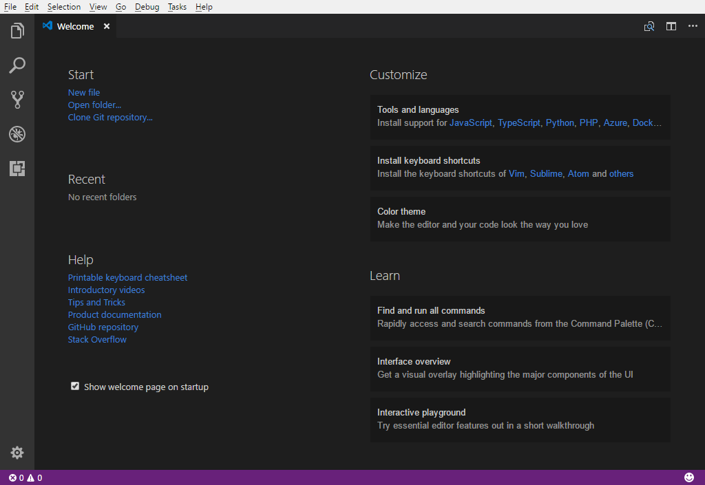 Visual Studio Code welcome screen